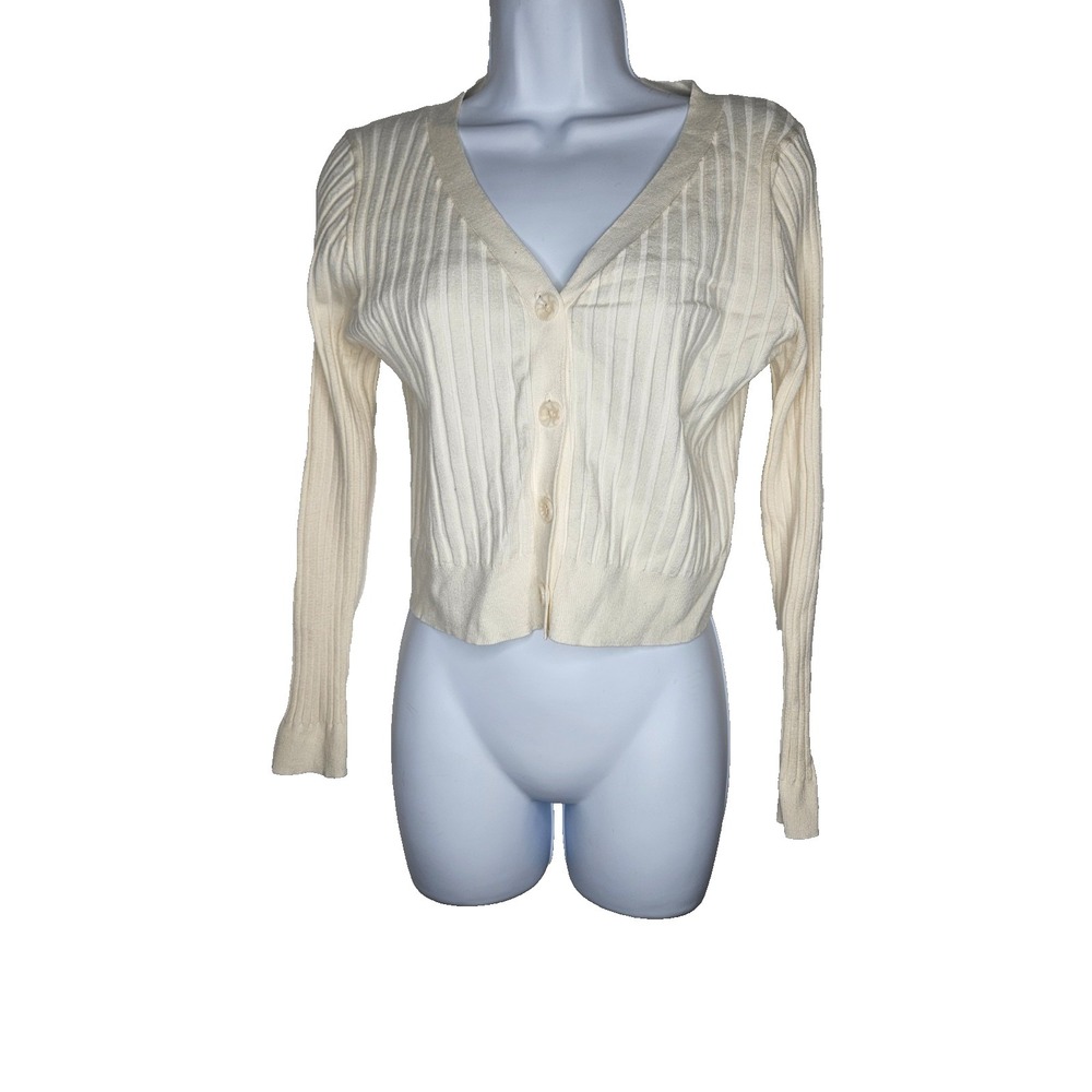 A New Day Cardigan Ribbed Cropped V Neck Button Front Cream Stretch Preppy S